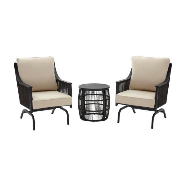 Hampton Bay Bayhurst 3 Piece Black Wicker Outdoor Patio Motion Seating In Blue 3 Piece Outdoor Seating Sets (View 7 of 15)