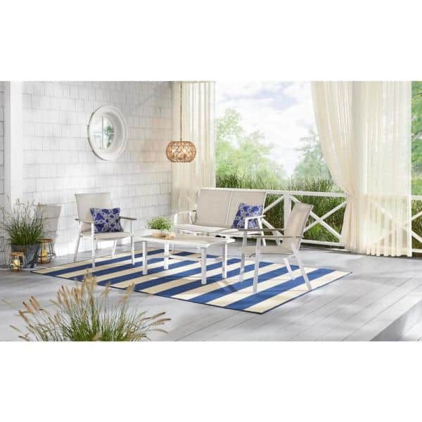 Hampton Bay Beach Haven Shell White 4 Piece Sling Outdoor Patio Within White 4 Piece Outdoor Seating Patio Sets (View 2 of 15)