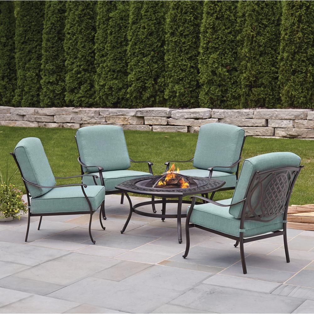 Hampton Bay Belcourt 5 Piece Metal Outdoor Patio Fire Pit Conversation With Patio Conversation Sets And Cushions (View 12 of 15)