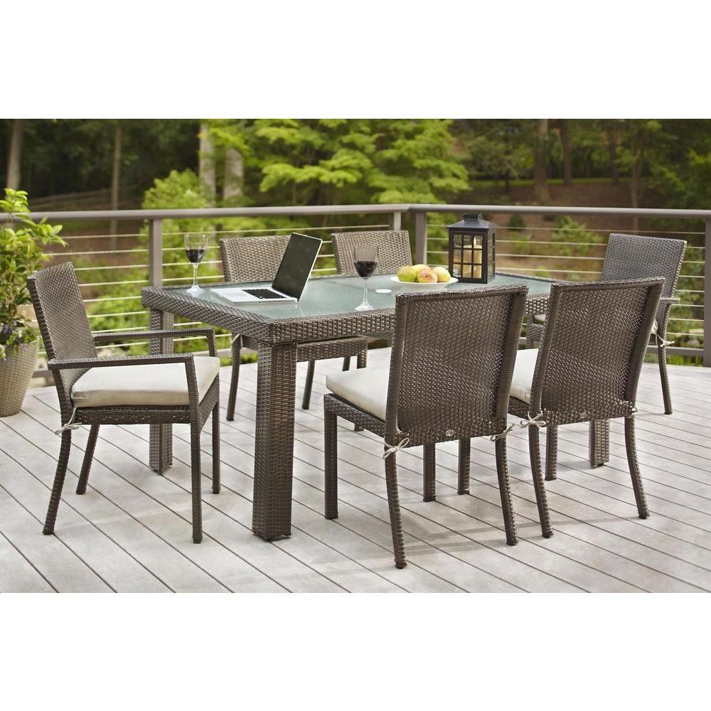 Hampton Bay Beverly 7 Piece Wicker Outdoor Patio Dining Set With With Regard To 7 Piece Patio Dining Sets With Cushions (View 13 of 15)