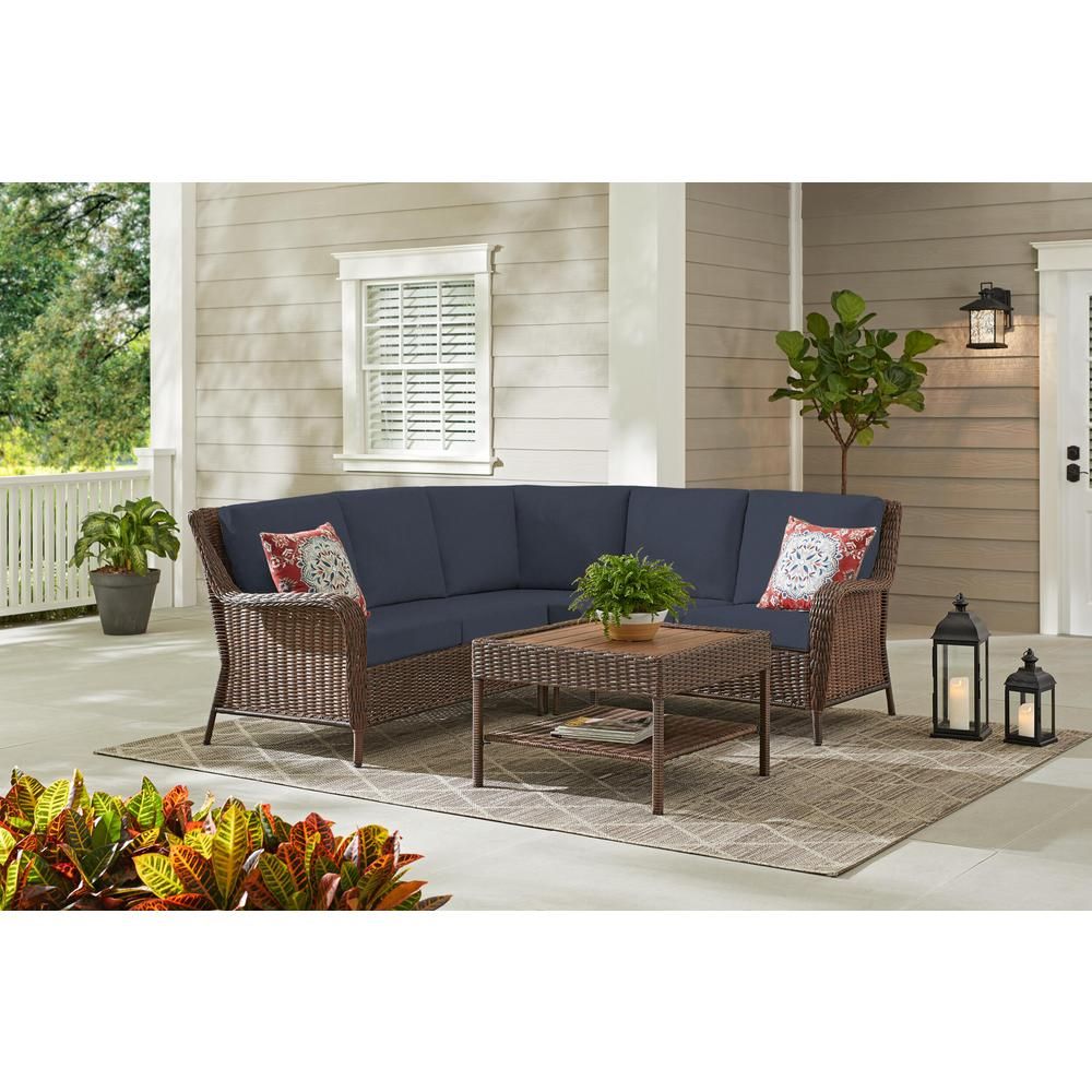 Hampton Bay Cambridge 4 Piece Brown Wicker Outdoor Patio Sectional Sofa Inside Blue And Brown Wicker Outdoor Patio Sets (View 7 of 15)