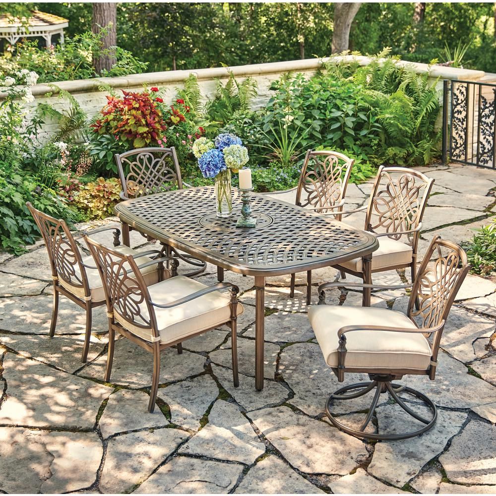 Hampton Bay Cavasso 7 Piece Metal Outdoor Dining Set With Oatmeal With 7 Piece Patio Dining Sets With Cushions (View 14 of 15)