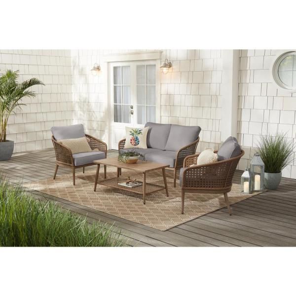 Hampton Bay Coral Vista 4 Piece Brown Wicker And Steel Patio Pertaining To Brown Patio Conversation Sets With Cushions (View 9 of 15)
