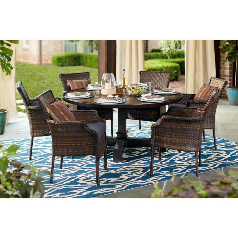 Hampton Bay Grayson 7 Piece Brown Wicker Outdoor Patio Dining Set With Within Sky Blue Outdoor Seating Patio Sets (View 6 of 15)