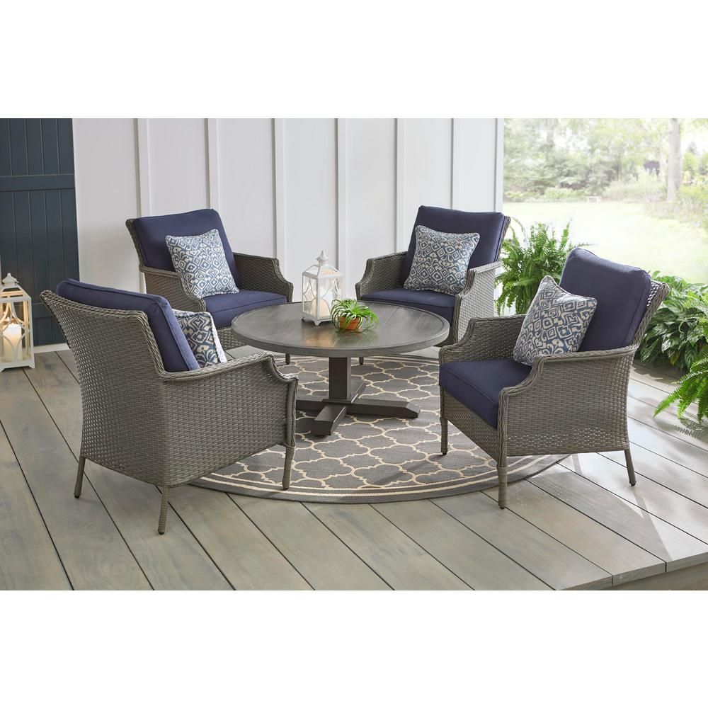 Hampton Bay Grayson Ash Gray 5 Piece Wicker Patio Conversation Set With Intended For Blue Cushion Patio Conversation Set (View 13 of 15)