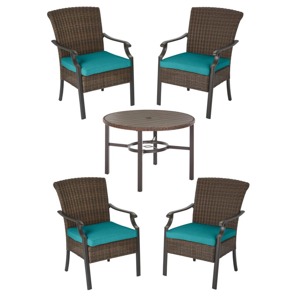 Hampton Bay Harper Creek Brown 5 Piece Steel Outdoor Patio Dining Set Throughout Green 5 Piece Outdoor Dining Sets (View 10 of 15)