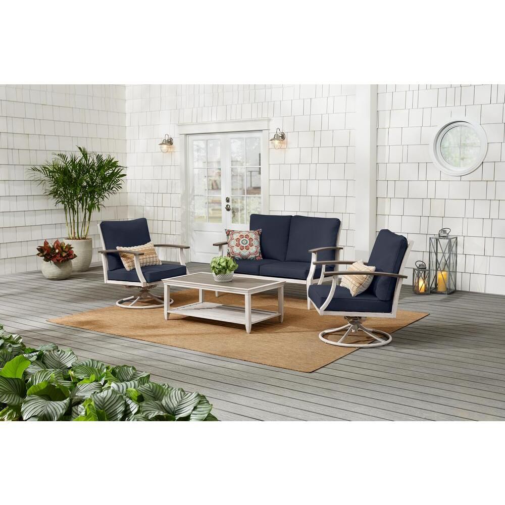 Hampton Bay Marina Point 4 Piece White Steel Outdoor Patio Conversation With Regard To White 4 Piece Outdoor Seating Patio Sets (View 1 of 15)