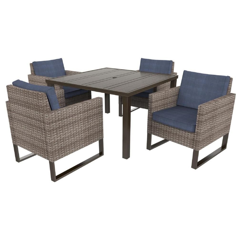 Hampton Bay Park Heights 5 Piece Wicker Square Outdoor Dining Set With Intended For Navy Outdoor Seating Sets (View 4 of 15)