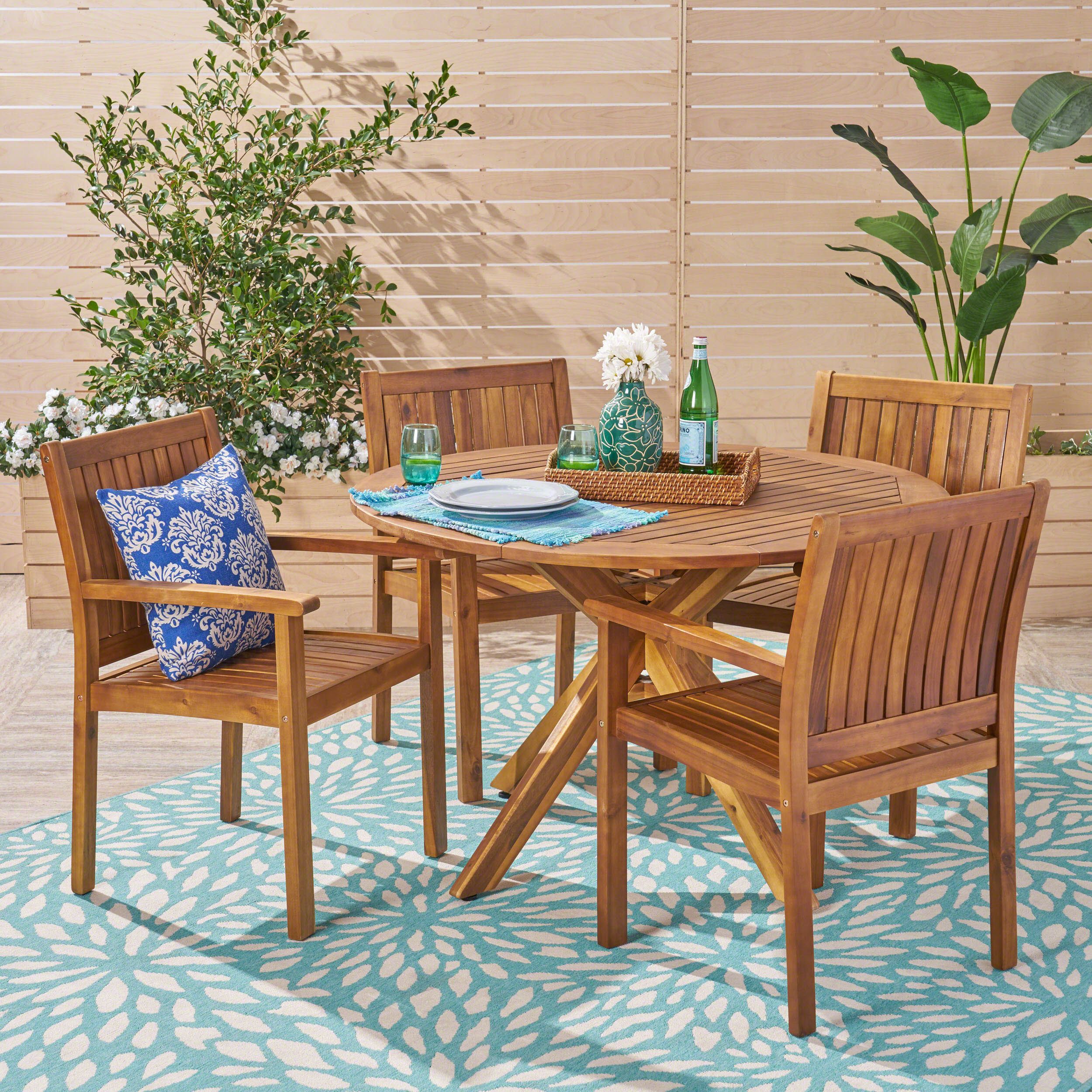 Hanna Outdoor 5 Piece Acacia Wood Dining Set, Teak – Walmart Pertaining To Wood Bistro Table And Chairs Sets (View 4 of 15)