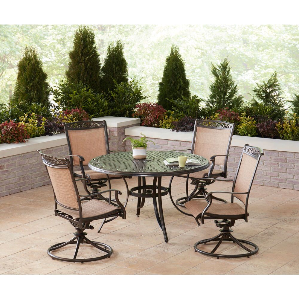 Hanover Fontana 5 Piece Outdoor Dining Set With 4 Sling Swivel Rockers Throughout 5 Piece Outdoor Bench Dining Sets (View 7 of 15)