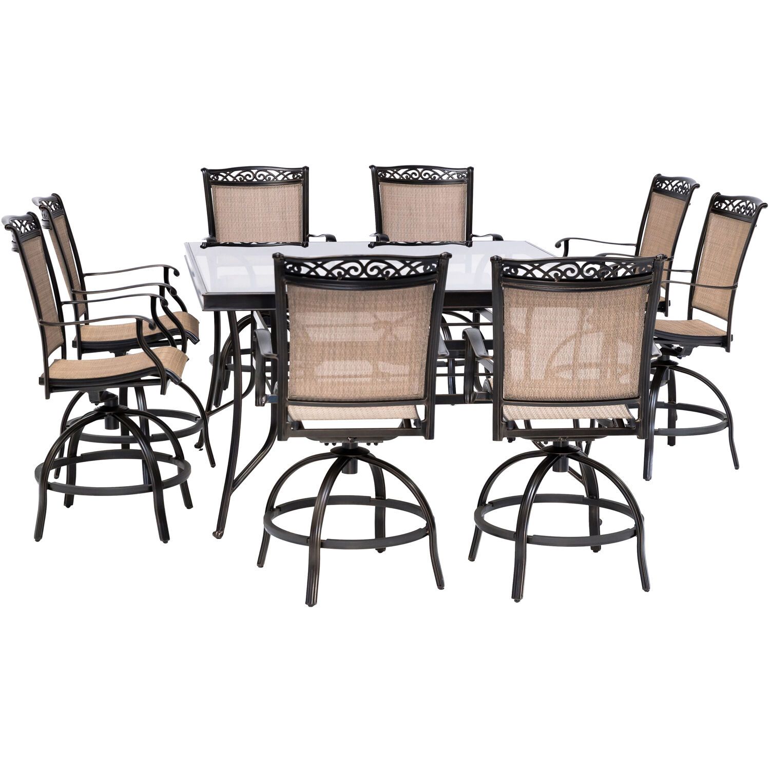 Hanover Fontana 9 Piece Counter Height Outdoor Dining Set With 8 Sling In 9 Piece Outdoor Square Dining Sets (View 12 of 15)