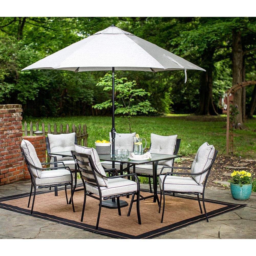 Hanover Lavallette 7 Piece Glass Top Rectangular Patio Dining Set With Intended For Rectangular 7 Piece Patio Dining Sets (View 14 of 15)