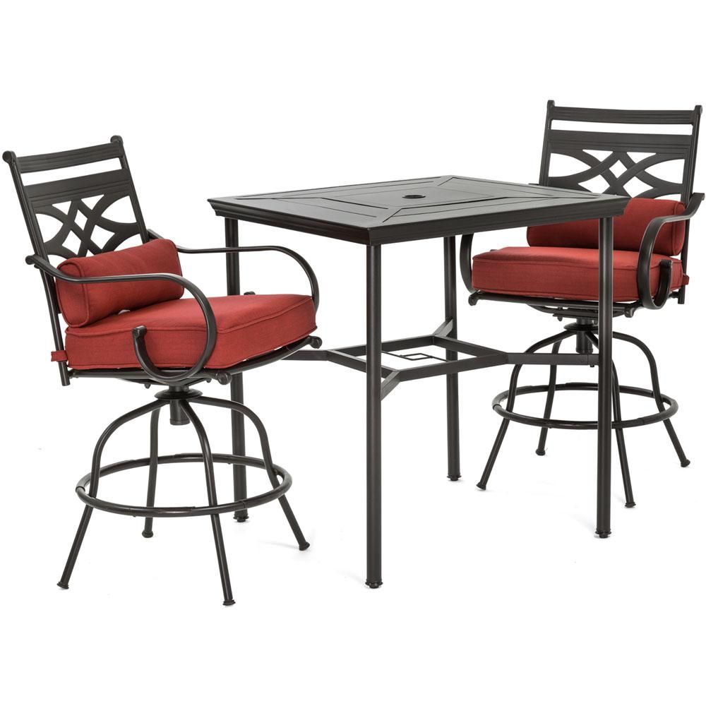 Hanover Montclair 3 Piece Metal Outdoor Bar Height Dining Set With Pertaining To Red Metal Outdoor Table And Chairs Sets (View 11 of 15)