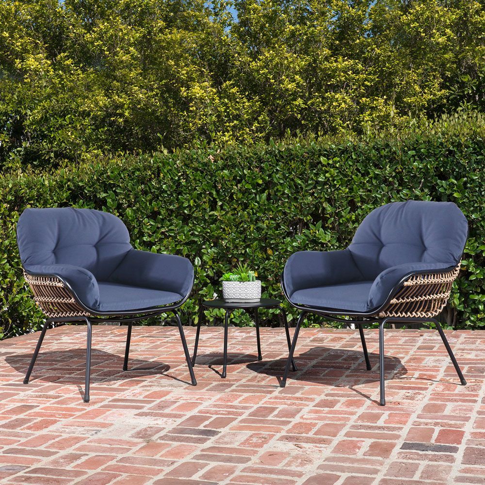 Hanover Naya 3 Piece Chat Set With Navy Blue Cushions, Naya3 | Outdoor With Blue 3 Piece Outdoor Seating Sets (View 5 of 15)