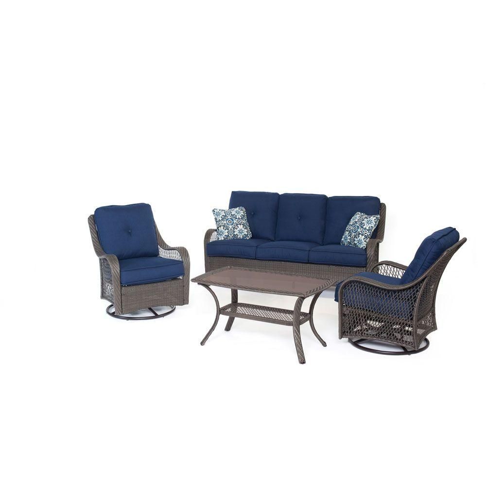Hanover Orleans Grey 4 Piece All Weather Wicker Patio Seating Set With With Regard To Blue Cushion Patio Conversation Set (View 8 of 15)