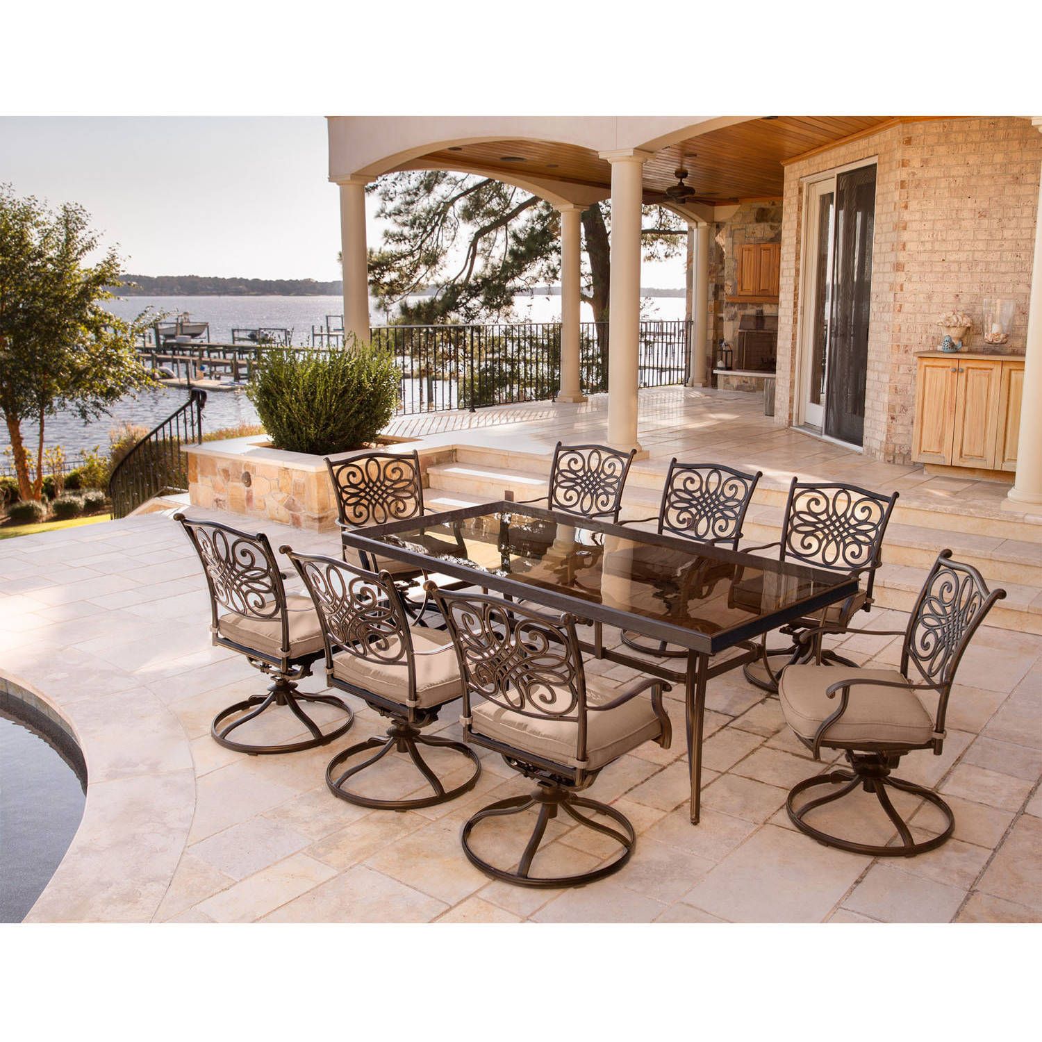 Hanover Outdoor Traditions 9 Piece Dining Set With 42" X 84" Glass Top Pertaining To 9 Piece Patio Dining Sets (View 4 of 15)