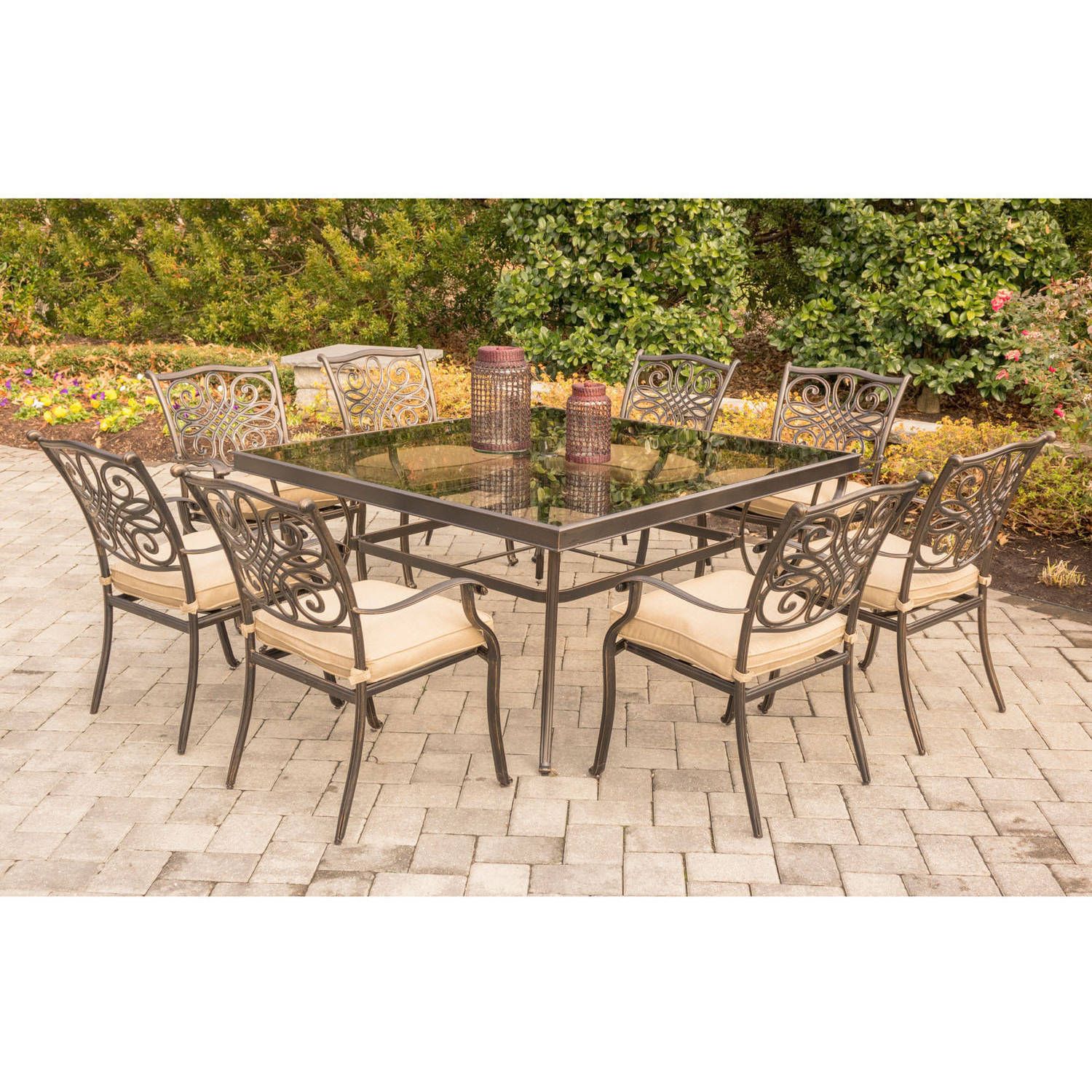 Hanover Outdoor Traditions 9 Piece Dining Set With 60" Square Glass Top Intended For 9 Piece Outdoor Square Dining Sets (View 10 of 15)