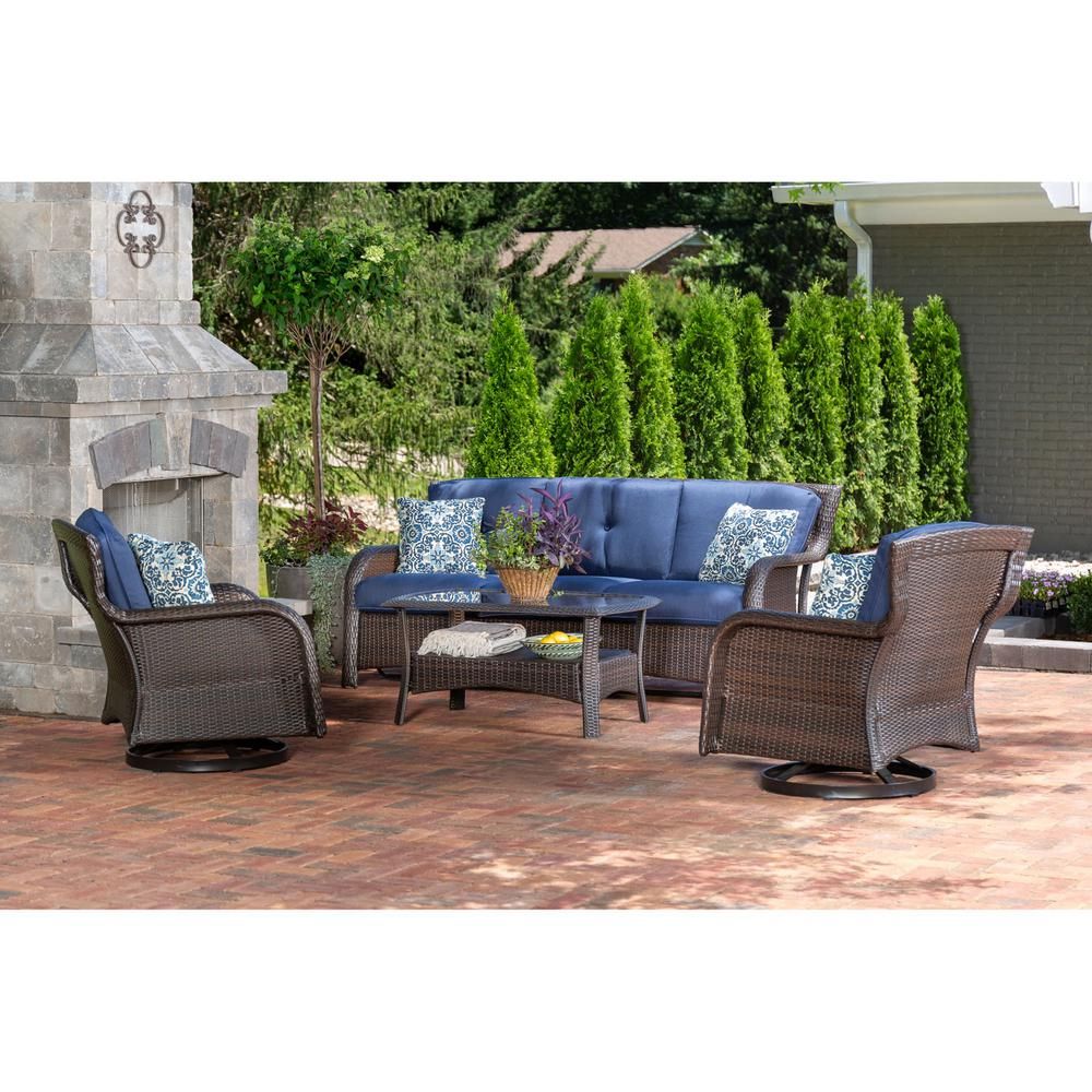 Hanover Strathmere 4 Piece Wicker Patio Sectional Seating Set With Navy For Navy Outdoor Seating Sectional Patio Sets (View 11 of 15)