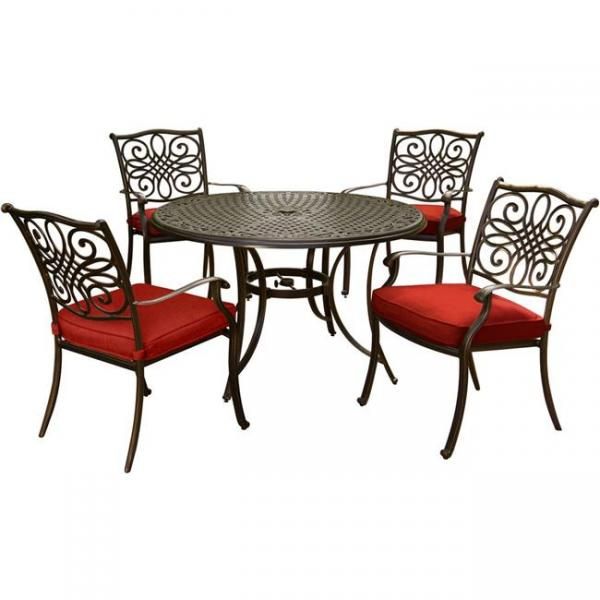 Hanover Traditions 5 Piece Outdoor Dining Set With Round Cast Top Table Intended For Fabric 5 Piece 4 Seat Outdoor Patio Sets (View 6 of 15)