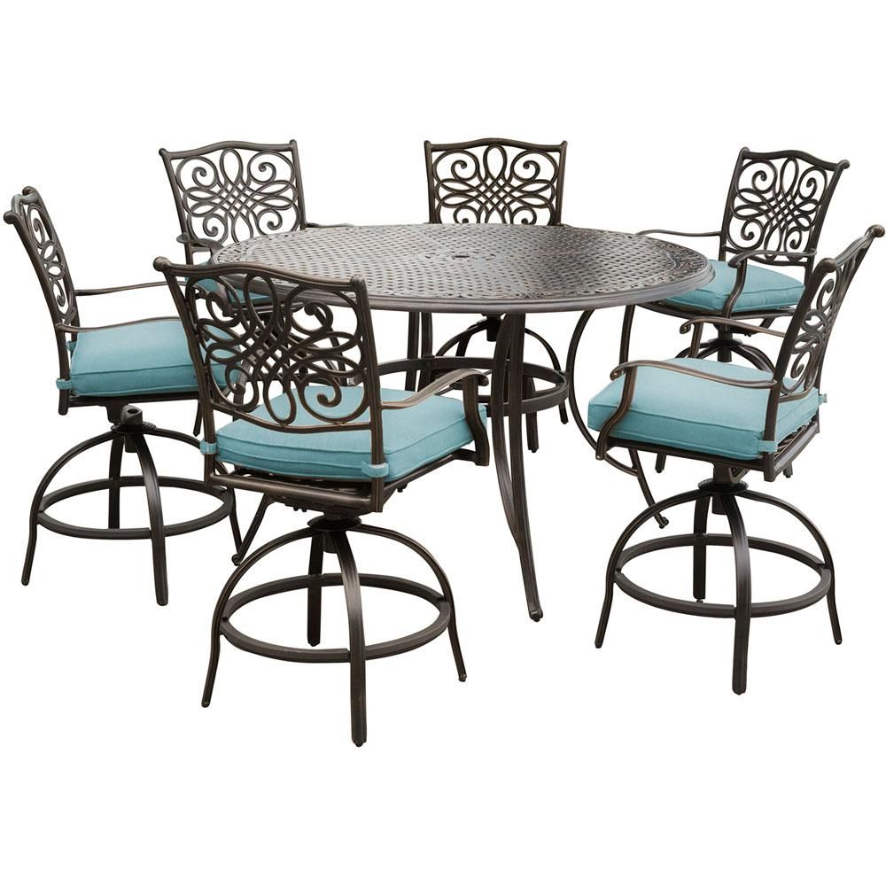 Hanover Traditions 7 Piece Aluminum Outdoor High Dining Set With Round Intended For 7 Piece Patio Dining Sets (View 9 of 15)