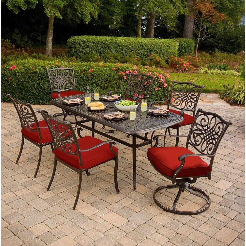 Hanover Traditions 7 Piece Dining Set In Red With Two Swivel Rockers Regarding Red 5 Piece Outdoor Dining Sets (View 11 of 15)