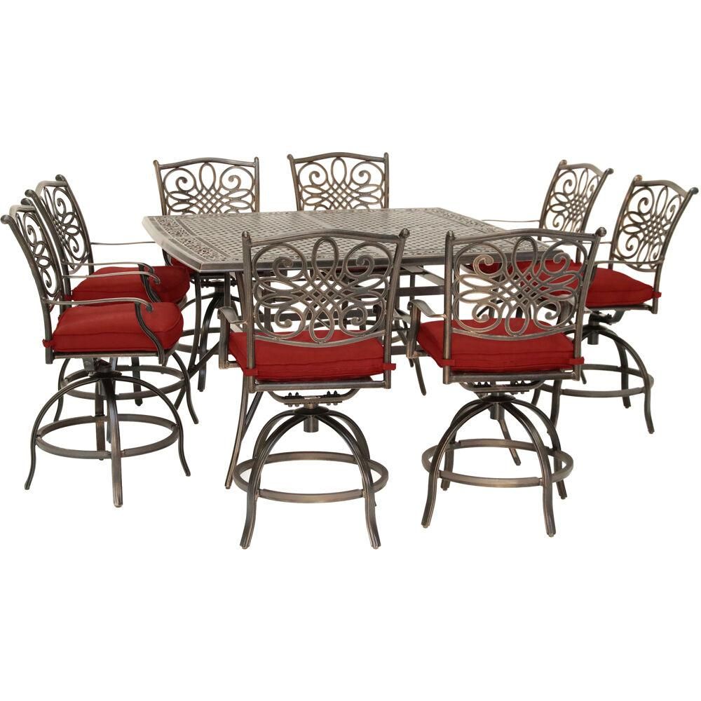 Hanover Traditions 9 Piece Aluminum Outdoor Dining Set With Red For Square 9 Piece Outdoor Dining Sets (View 10 of 15)