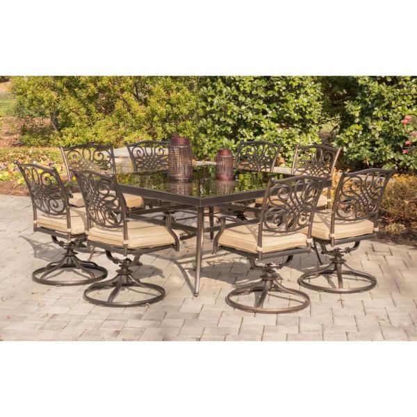 Hanover Traditions 9 Piece Aluminum Outdoor Dining Set With Square Intended For Square 9 Piece Outdoor Dining Sets (View 8 of 15)
