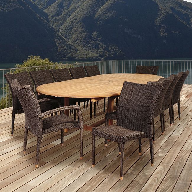 Havenside Home Popham 13 Piece Teak/ Wicker Double Extendible Oval Pertaining To Gray Wicker Extendable Patio Dining Sets (View 2 of 15)