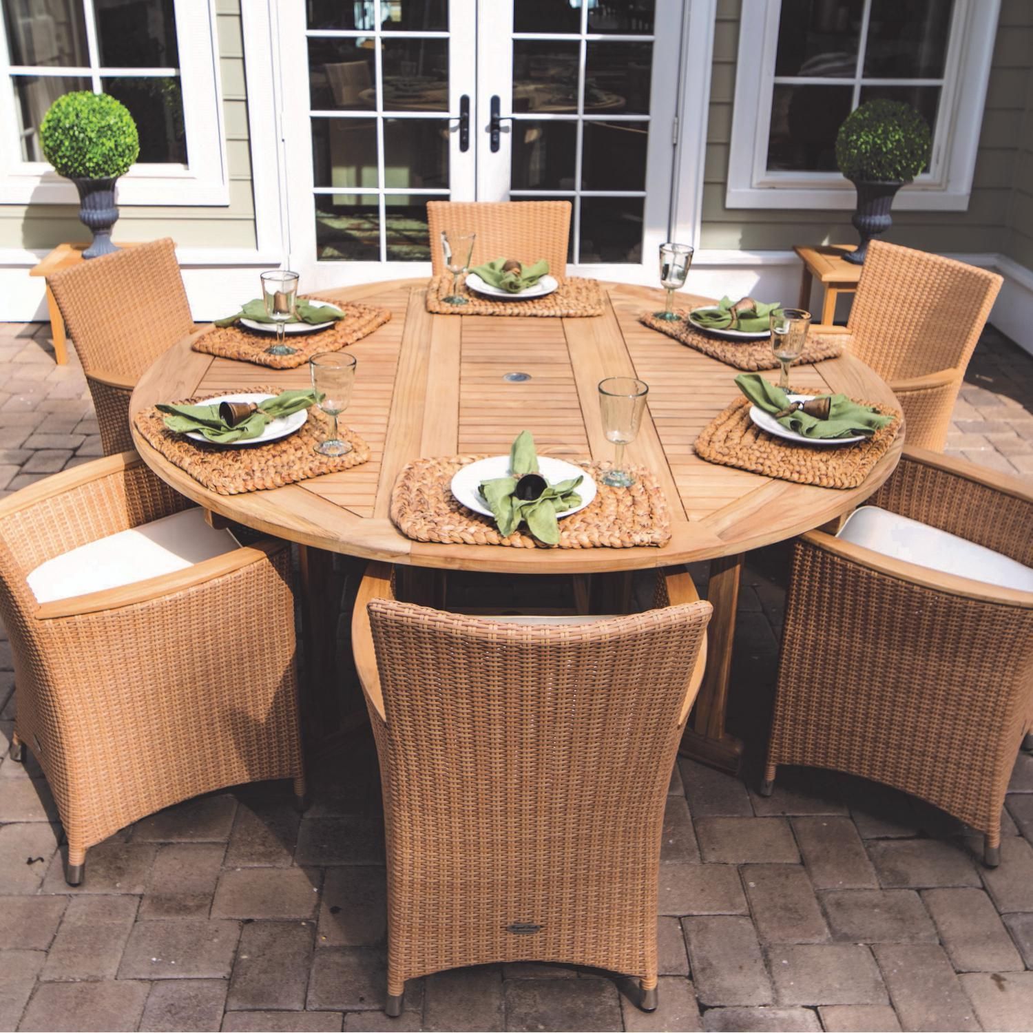 Helena 7 Piece Wicker Patio Dining Set W/ 72 Inch Round Drop Leaf Table With Regard To Teak Armchair Round Patio Dining Sets (View 14 of 15)