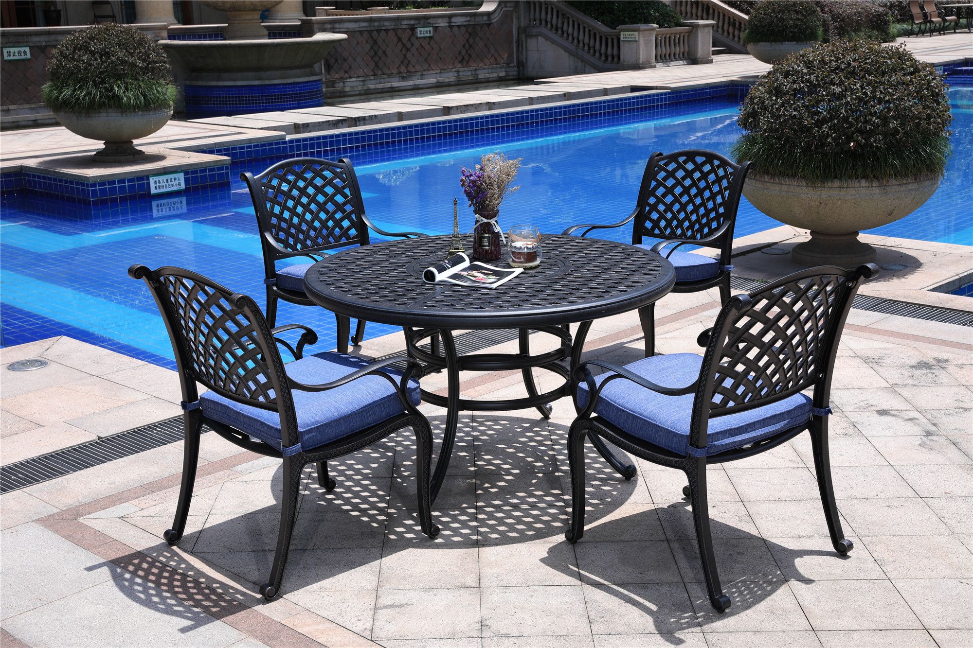 Hennessey Outdoor Patio Round Dining Set, Cast Aluminum 5 Piece In Navy With Regard To Round 5 Piece Outdoor Dining Set (View 9 of 15)