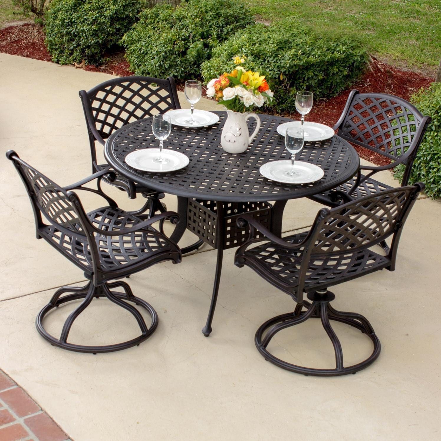 Heritage 5 Piece Cast Aluminum Patio Dining Set With Swivel Rockers And Regarding Round 5 Piece Outdoor Dining Set (View 14 of 15)