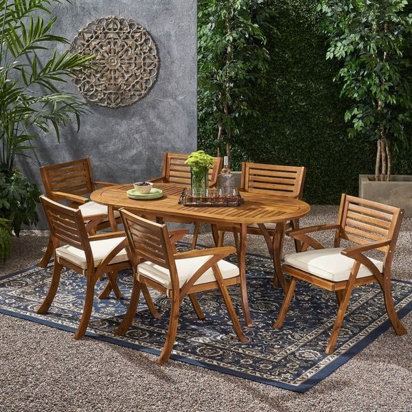 Hermosa Outdoor 6 Seater Acacia Wood Oval Dining Set With Cushions Intended For Acacia Wood Outdoor Seating Patio Sets (View 8 of 15)