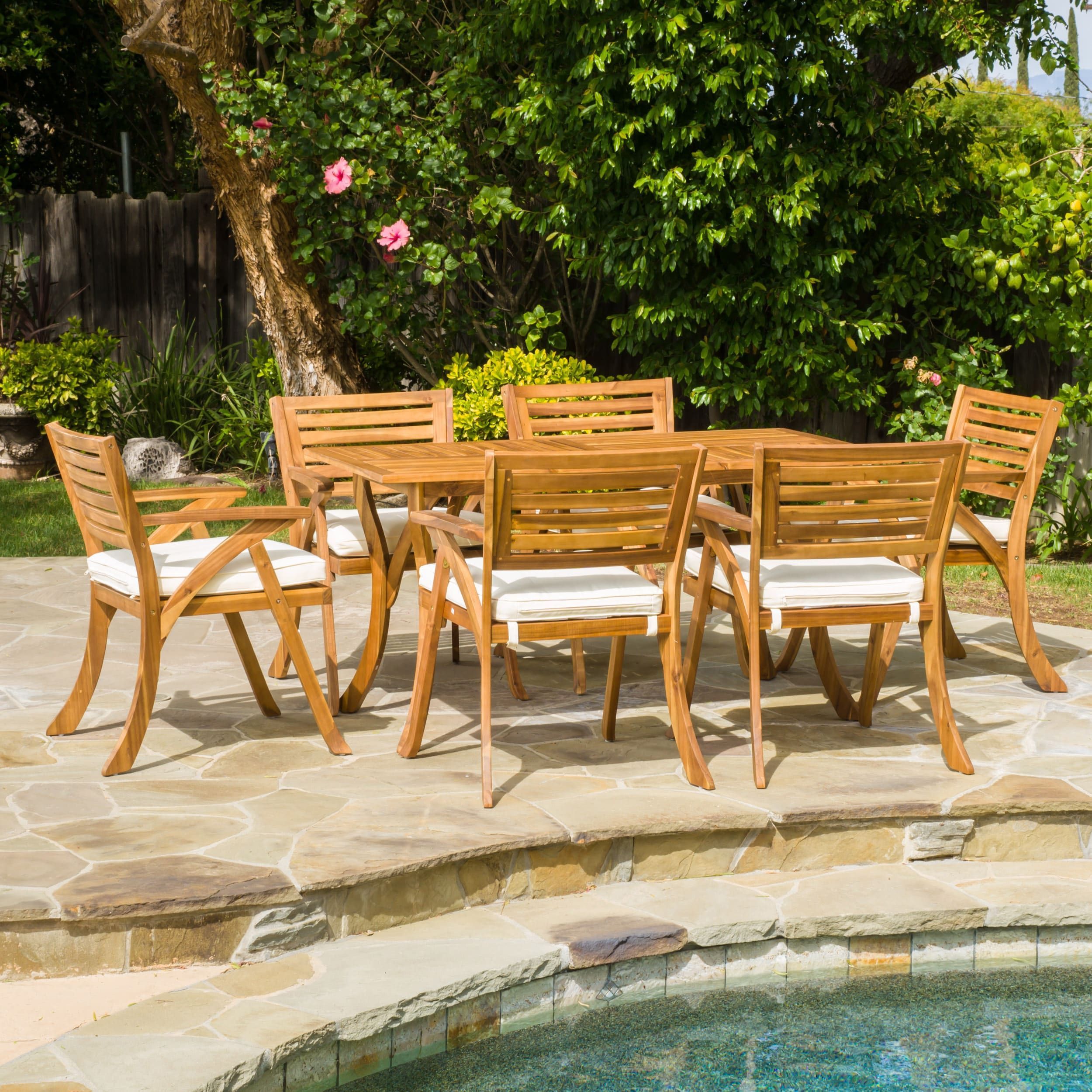 Hermosa Outdoor Acacia Wood 7 Piece Rectangle Dining Set With Cushions With Acacia Wood Outdoor Seating Patio Sets (View 11 of 15)