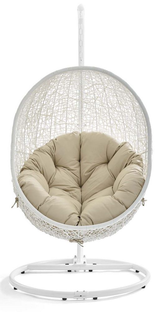 Hide White Pe Rattan/Beige Fabric Patio Swing Chair W/ Standmodway Pertaining To White Fabric Outdoor Wicker Armchairs (View 1 of 15)