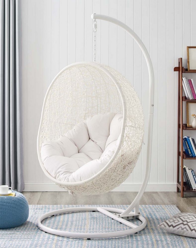 Hide White Pe Rattan/Fabric Patio Swing Chair With Standmodway Pertaining To White Fabric Outdoor Wicker Armchairs (View 4 of 15)