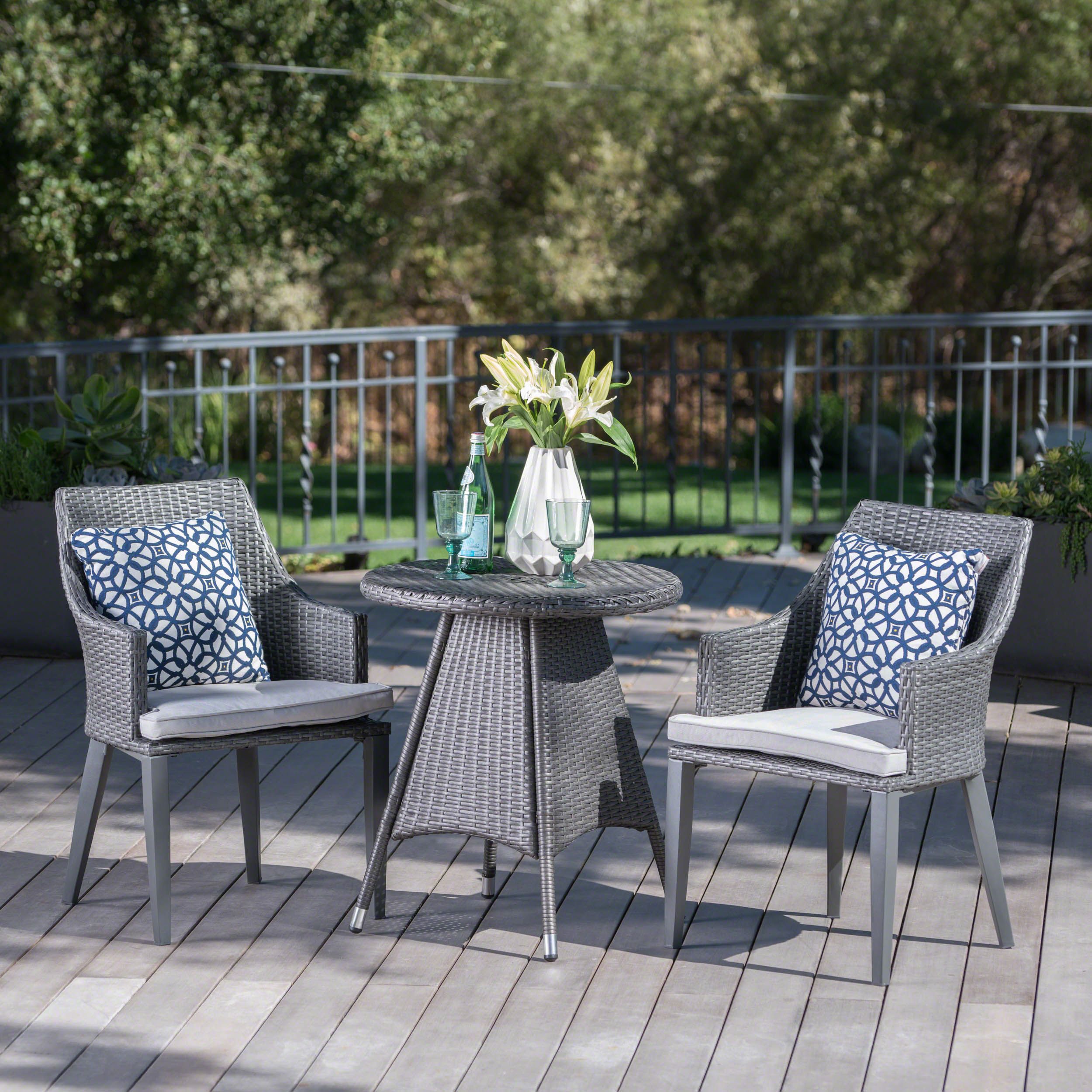 Hillsdale Outdoor 3 Piece Wicker Round Bistro Set With Cushions, Grey Inside Outdoor Wicker Cafe Dining Sets (View 1 of 15)