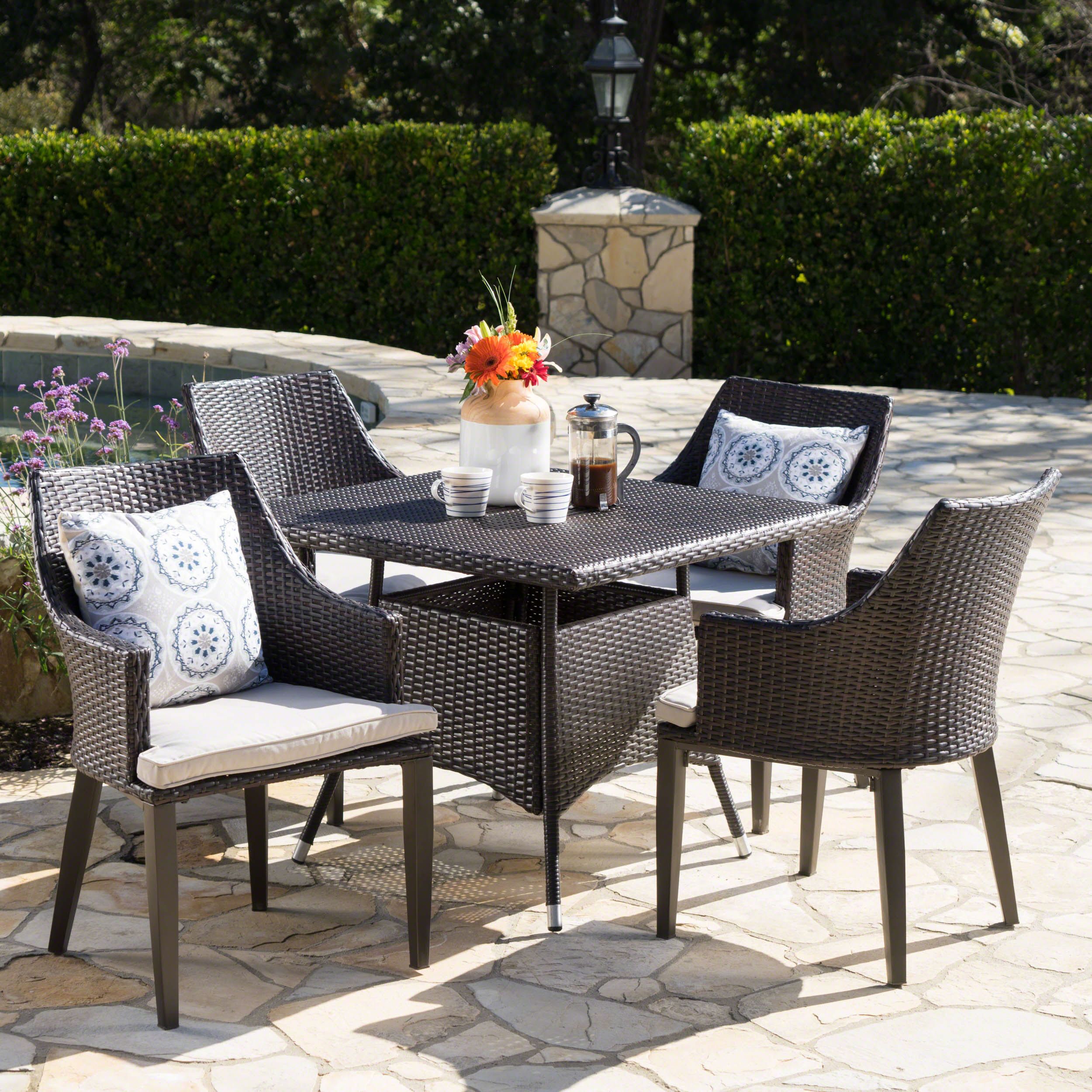 Hillsdale Outdoor 5 Piece Wicker Square Dining Set With Cushions Within Patio Dining Sets With Cushions (View 1 of 15)