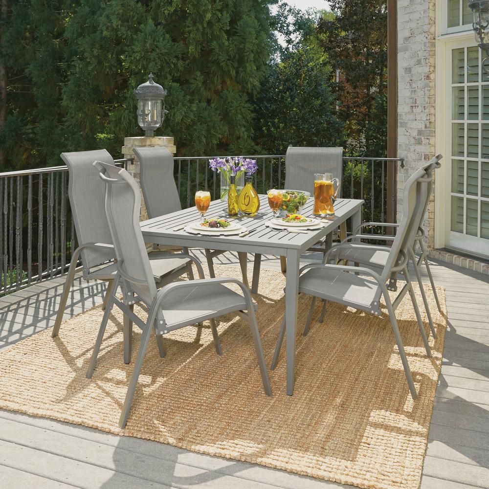 Home Styles Daytona Charcoal Gray 7 Piece Aluminum Round Outdoor Dining Regarding 7 Piece Small Patio Dining Sets (View 2 of 15)