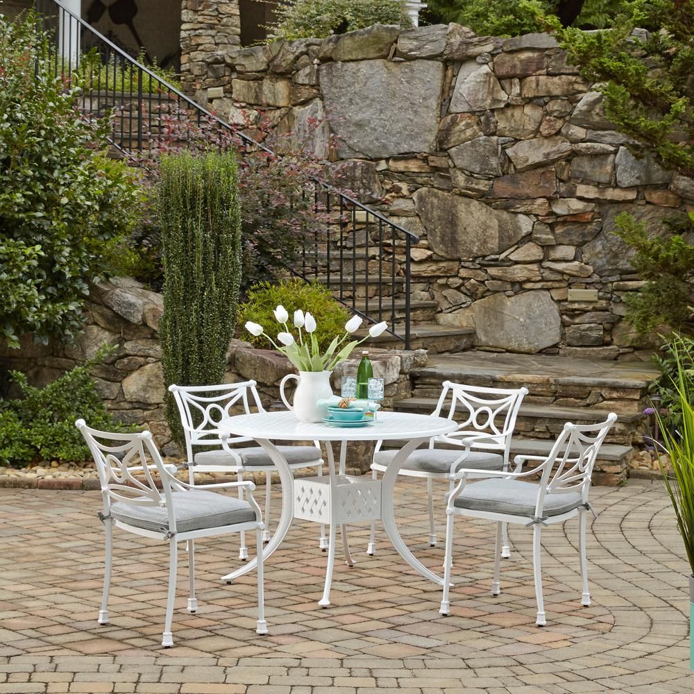 Homestyles La Jolla Cast White 5 Piece Aluminum Round Outdoor Dining Throughout Round 5 Piece Outdoor Dining Set (View 8 of 15)