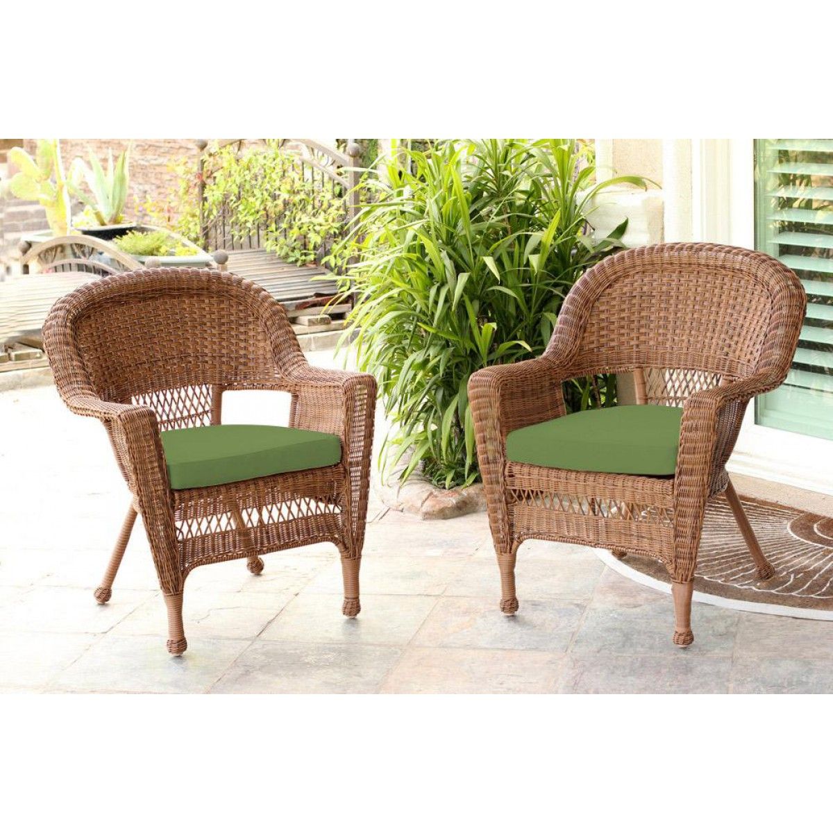 Honey Wicker Chair With Hunter Green Cushion – Set Of 2 With Green Rattan Outdoor Rocking Chair Sets (View 3 of 15)