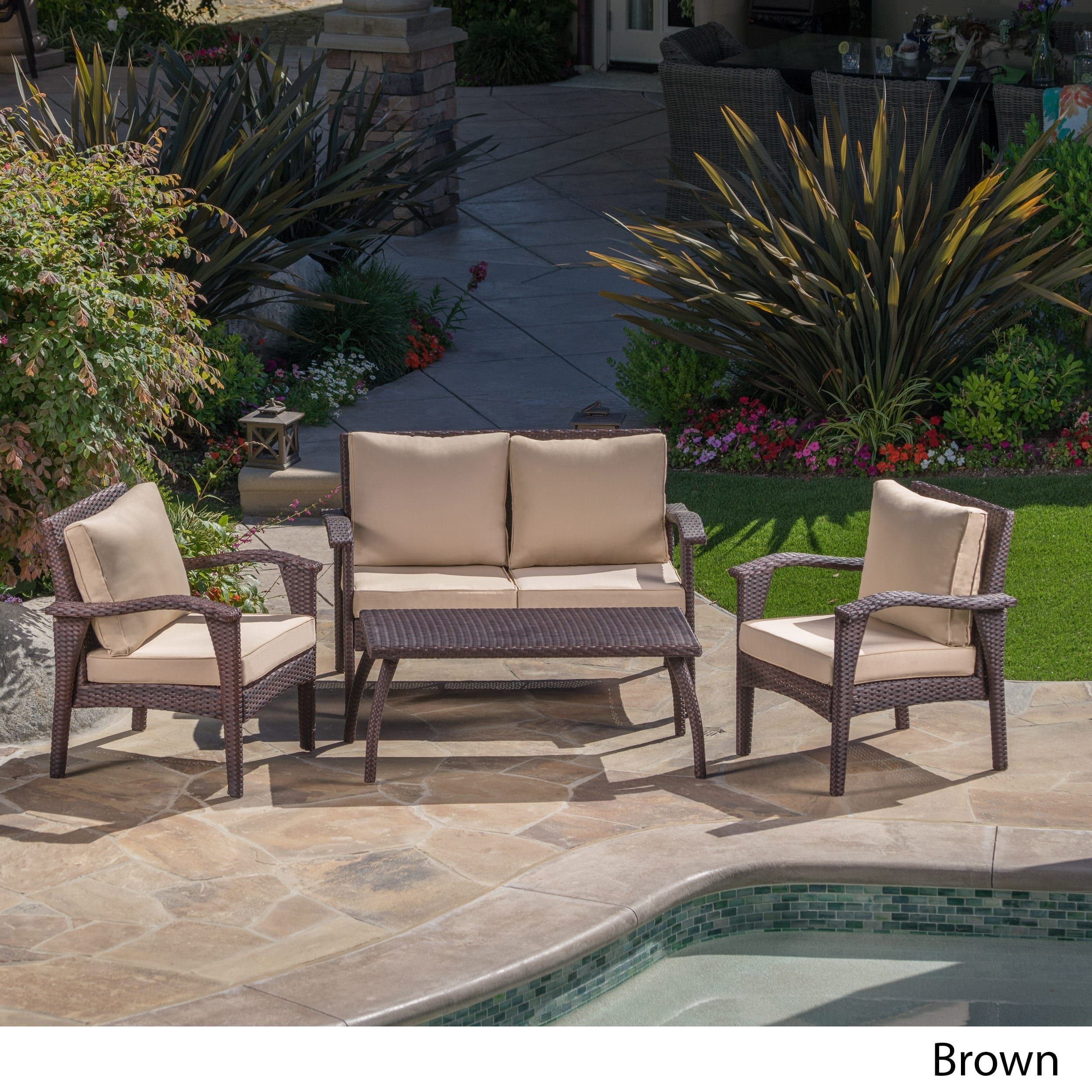 Honolulu Outdoor 4 Piece Cushioned Wicker Seating Setchristopher Intended For Brown Fabric Outdoor Patio Bar Chairs Sets (View 14 of 15)