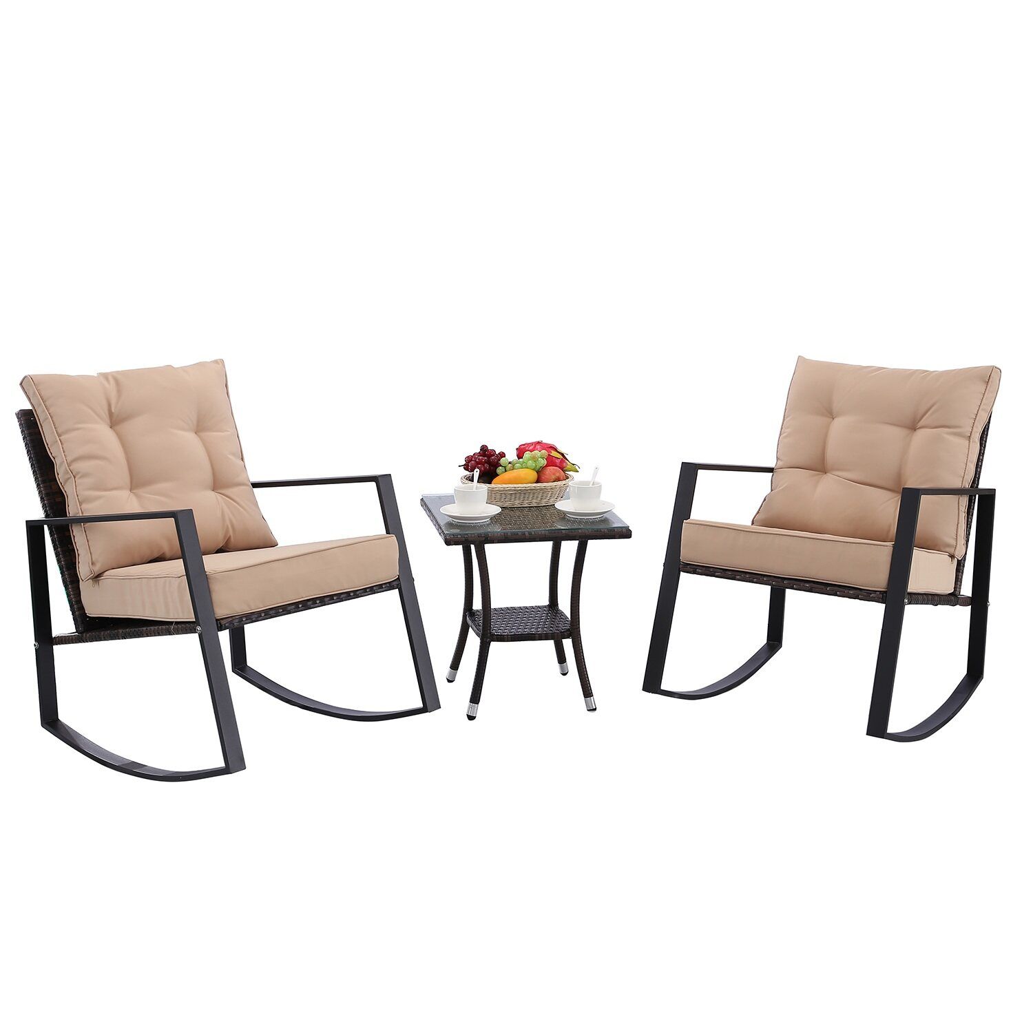 Htth 3 Pieces Outdoor Rocking Chair Bistro Set Steel Furniture With Throughout Outdoor Rocking Chair Sets With Coffee Table (View 1 of 15)