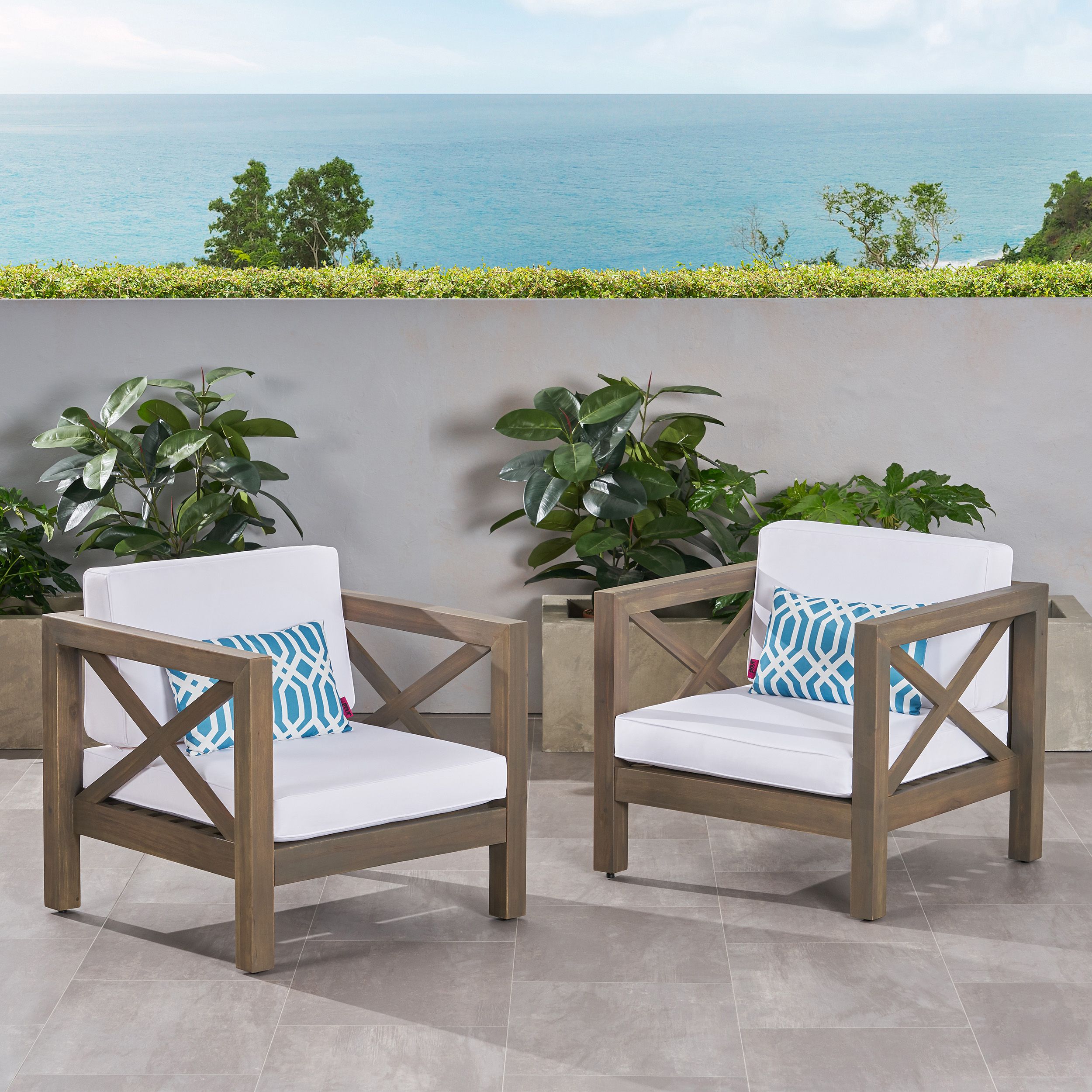 Indira Outdoor Acacia Wood Club Chairs With Cushions (Set Of 2), Gray For White Wood Soutdoor Seating Sets (View 8 of 15)
