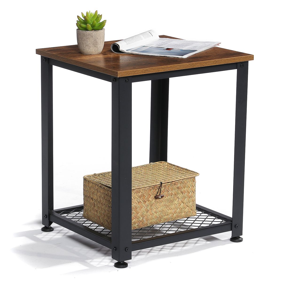 Industrial End Table, 2 Tier Sofa Side Table Nightstand With Storage With Wood And Steel Outdoor Side Tables (View 4 of 15)