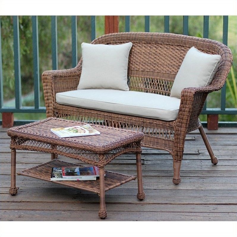 Jeco Wicker Patio Love Seat And Coffee Table Set In Honey With Tan Intended For Beige Wicker And Green Fabric Patio Bistro Sets (View 4 of 15)