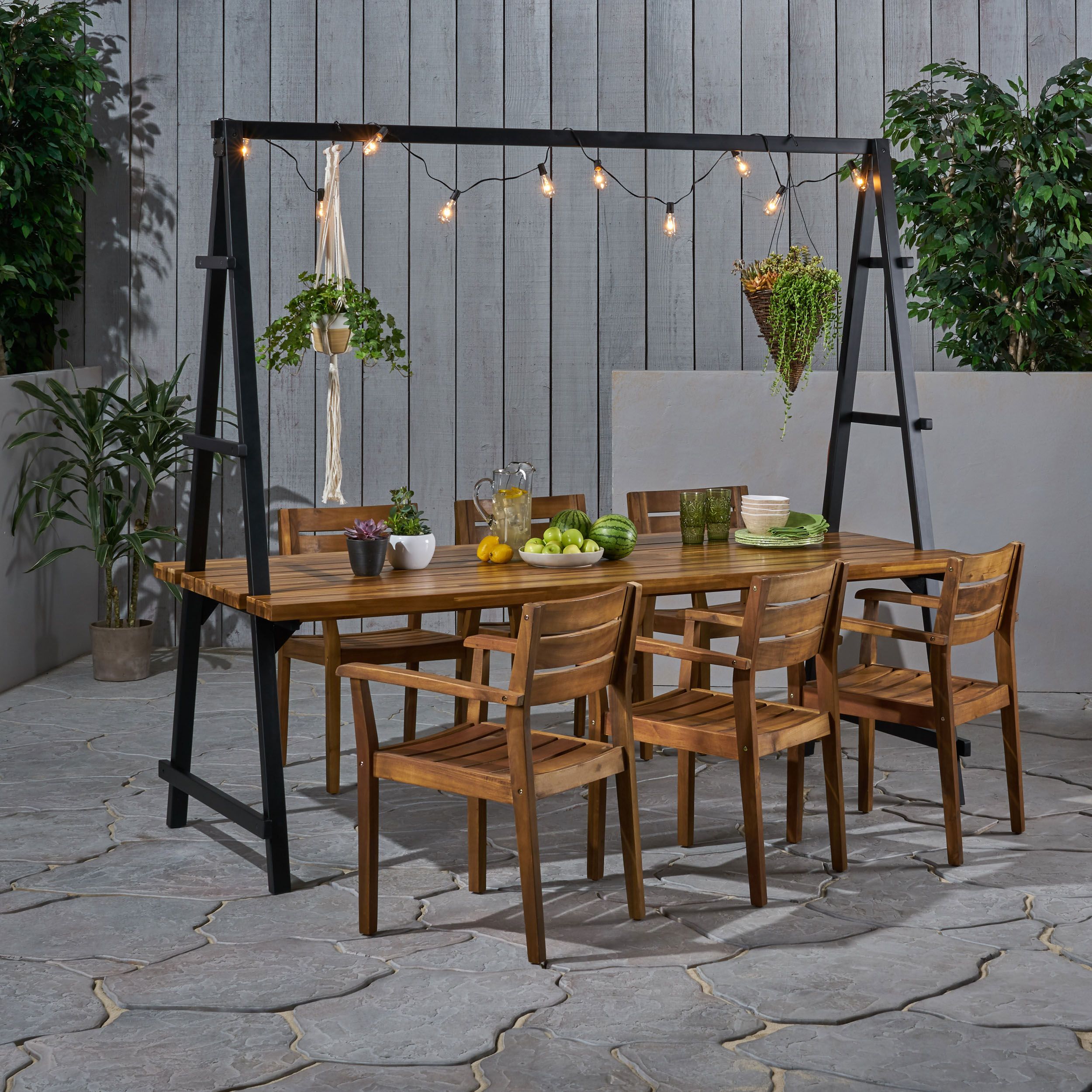 Jenny Outdoor 6 Seater Acacia Wood And Iron Planter Dining Set, Teak Throughout Teak Folding Chair Patio Dining Sets (View 15 of 15)