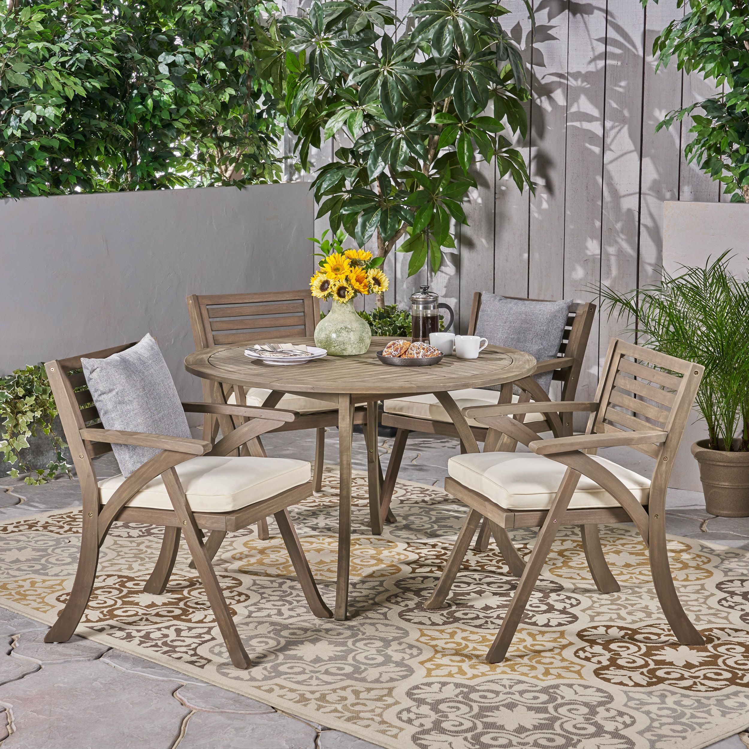 Jordy Outdoor 5 Piece Acacia Wood Dining Set With Round Table, Gray In Round 5 Piece Outdoor Patio Dining Sets (View 1 of 15)