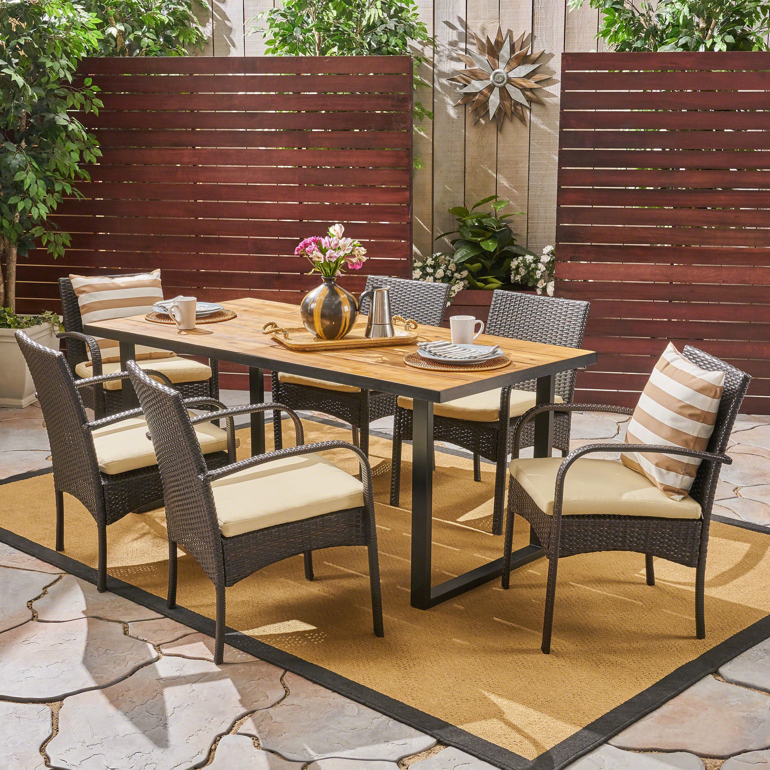 Juliet Outdoor 7 Piece Acacia Wood And Wicker Rectangular Dining Set Inside Teak And Wicker Dining Sets (View 3 of 15)