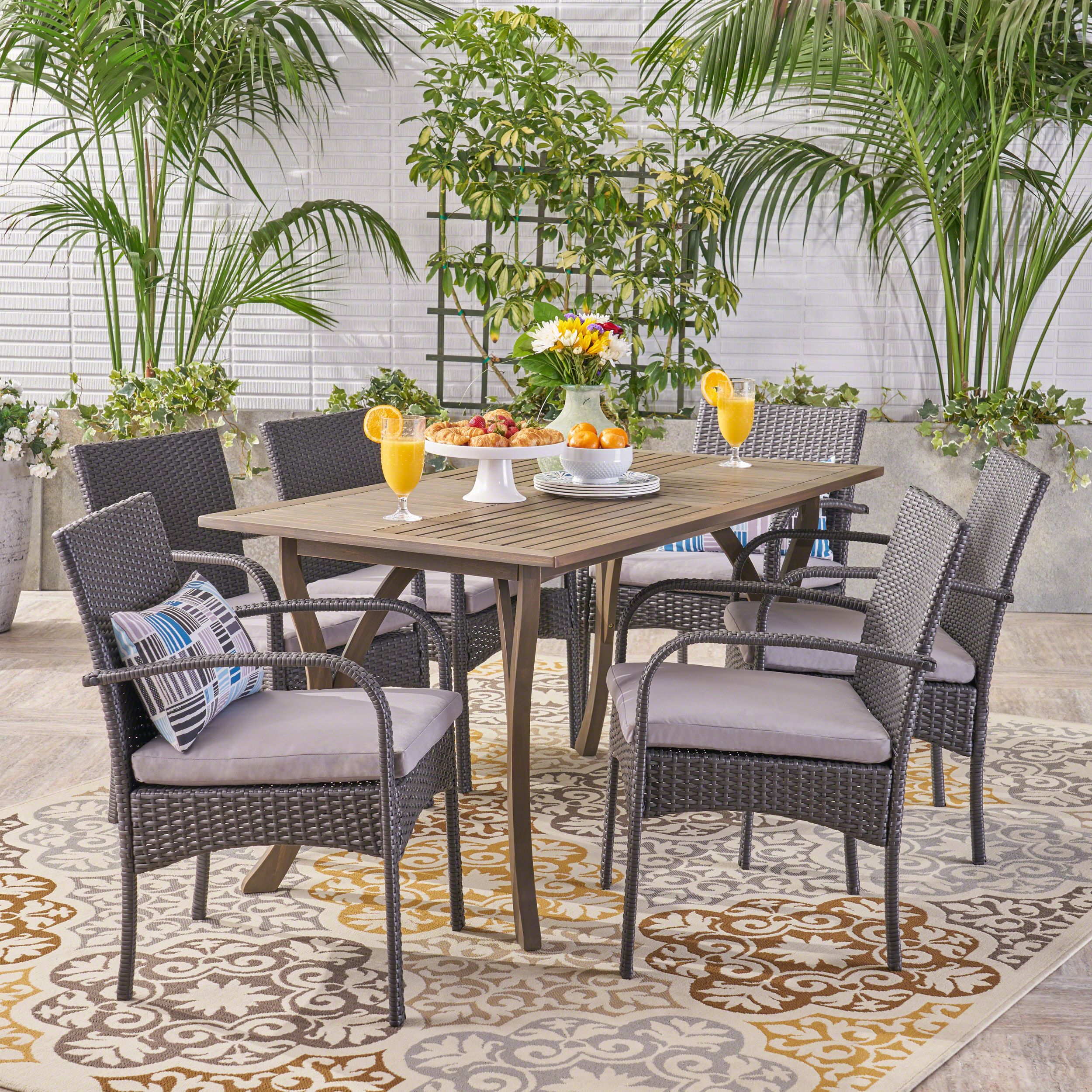 Jurnee Outdoor 7 Piece Wood And Wicker Dining Set With Cushions, Gray With Patio Dining Sets With Cushions (View 8 of 15)