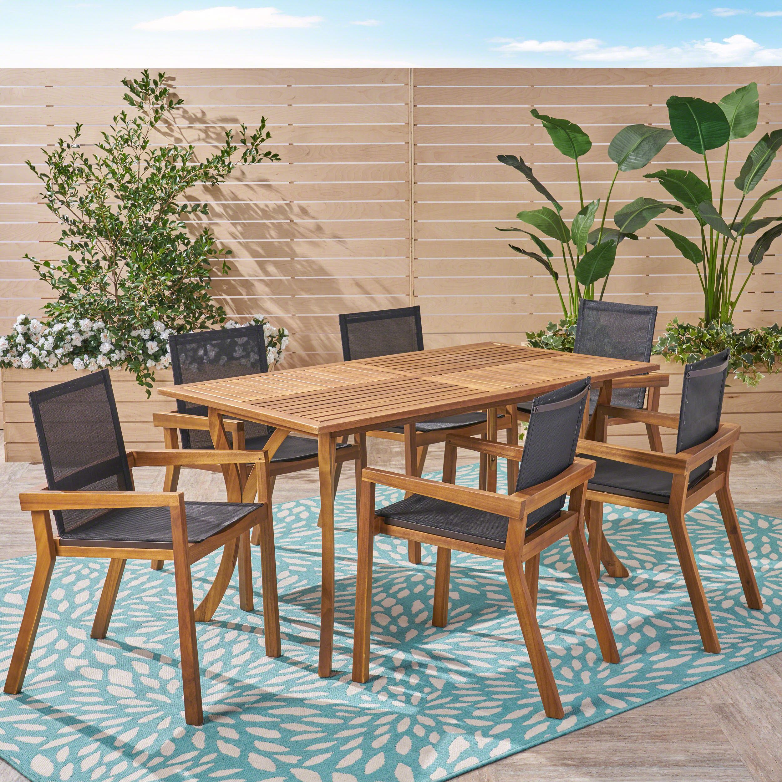 Kaur Outdoor Acacia Wood 7 Piece Dining Set With Mesh Seats, Teak And With Regard To Acacia Wood Outdoor Seating Patio Sets (View 1 of 15)